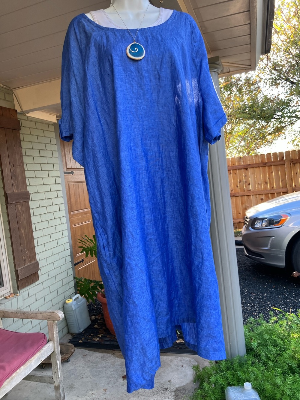 Long blue linen dress, size XXL. No size tag. See measurements